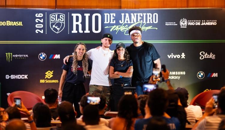 Gabi Mazetto, Giovanni Vianna, Rayssa Leal e Cordano Russell em coletiva antes do SLS Rio Takeover Gabi Mazetto, Giovanni Vianna, Rayssa Leal e Cordano Russell em coletiva antes do SLS Rio Takeover