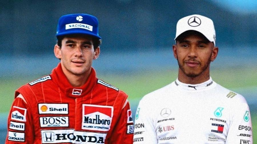 Montagem mostra fã e ídolo lado a lado: Lewis Hamilton e Ayrton Senna - Reprodução/Instagram