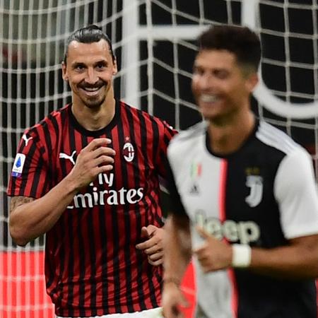Ibrahimovic comemora gol do Milan contra a Juventus, de Cristiano Ronaldo - Miguel MEDINA / AFP