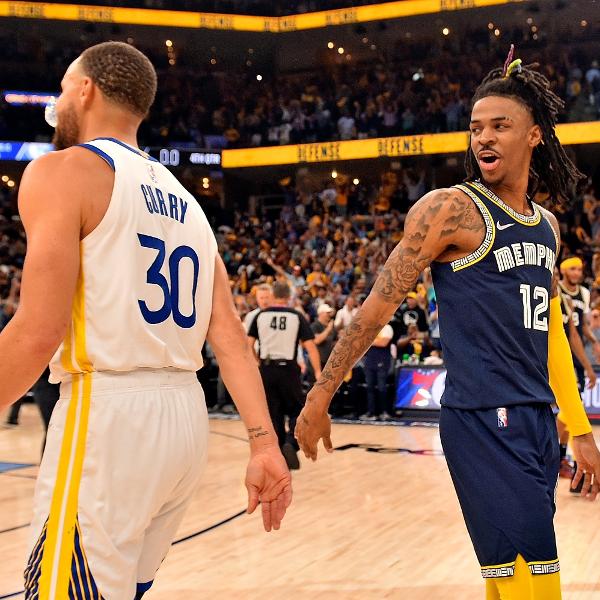 Stephen Curry e Ja Morant, após jogo 2 da série entre Golden State Warriors e Memphis Grizzlies