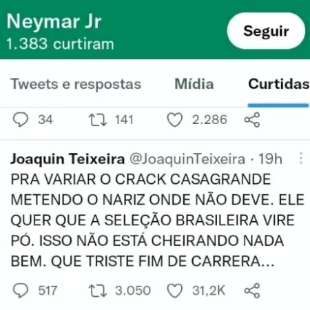 Neymar curtiu tuíte que critica Casagrande citando drogas - Reprodução/Twitter - Reprodução/Twitter