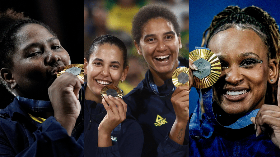 Beatriz Souza, Duda, Ana Patrícia e Rebeca Andrade com suas medalhas de ouro em Paris: eventos de suas modalidades terão transmissões nos próximos meses