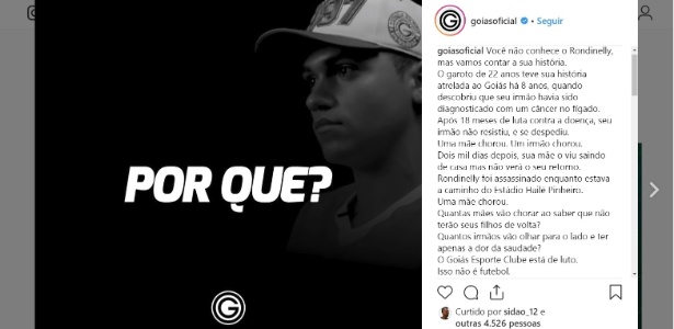 Torcedor do Goiás é assassinado a tiros quando saia de casa para ver clássico - Reprodução Instagram