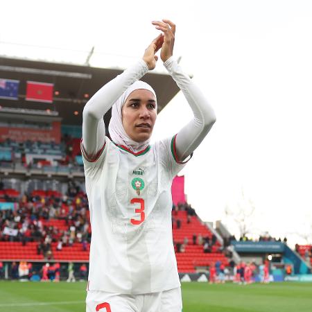 Nouhaila Benzina, zagueira de Marrocos, em jogo da Copa do Mundo feminina