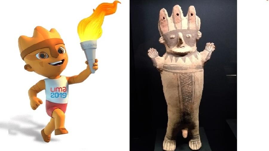 Milco, mascote do Pan-Americano, ao lado de um cuchimilco, artefato da cultura chancay - Reprodução