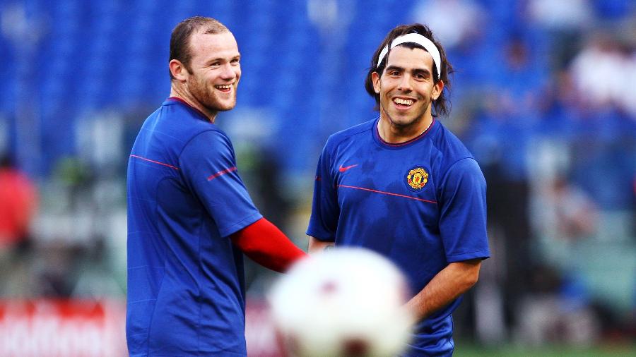 26.05.2009 - Wayne Rooney e Carlos Tevez em treinamento do Manchester United - Getty Images