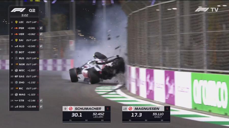 O acidente de Mick Schumacher no qualificatório do GP da Arábia Saudita, da Fórmula 1 - Reprodução/Twitter