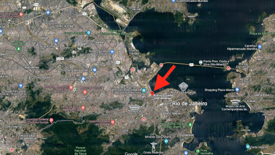 Região do Gasômetro, onde poderia ser erguido o estádio do Flamengo: localização estratégica - Reprodução Google Maps