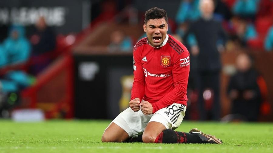 Casemiro na partida contra o Barcelona, pela Liga Europa: liderança no Manchester United - Robbie Jay Barratt - AMA/Getty Images