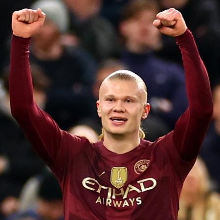 Haaland comemora gol marcado pelo Manchester City contra o Tottenham no Campeonato Inglês Haaland comemora gol marcado pelo Manchester City contra o Tottenham no Campeonato Inglês