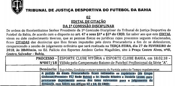 Edital do julgamento do Ba-Vi - Reprodução/Site oficial da FBF - Reprodução/Site oficial da FBF