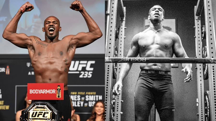 Antes (2019) e depois (2020) de Jon Jones: O lutador atingiu 110 kg e comemorou com fotos no Instagram - Getty Images e Reprodução/Instagram