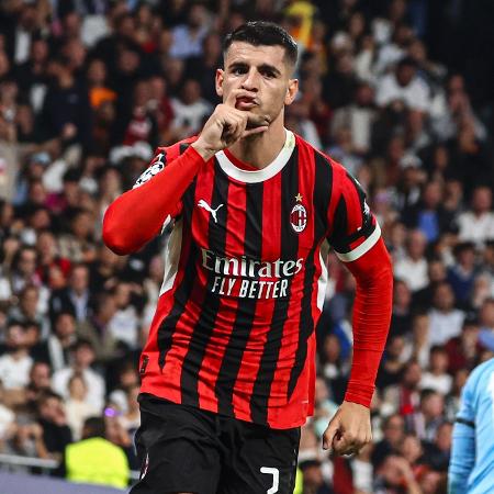 Alvaro Morata comemora gol marcado pelo Milan durante jogo contra o Real Madrid pela Champions League Alvaro Morata comemora gol marcado pelo Milan durante jogo contra o Real Madrid pela Champions League