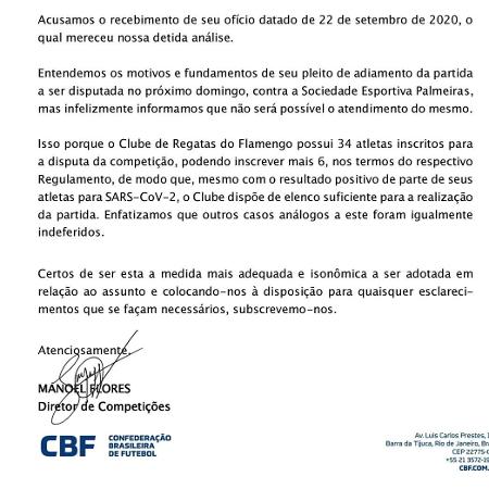 CBF denies Flamengo's request to postpone match with Palmeiras - Reproduction - Reproduction