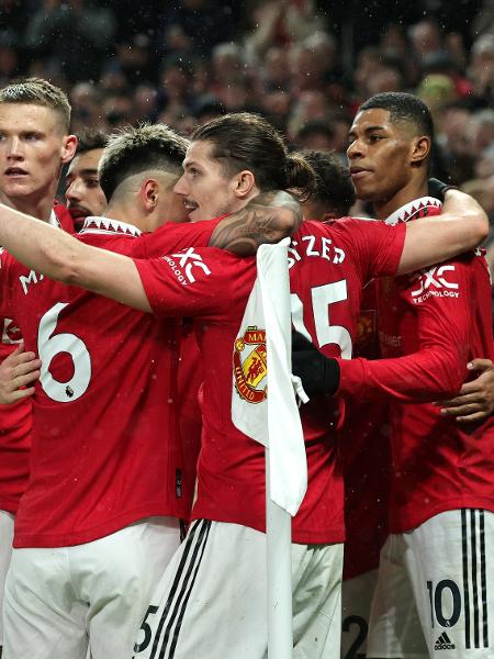 Comemoração dos jogadores do United pelo gol de Rashford que deu a vitória ao clube em partida da Premier League - David Rogers/Getty Images