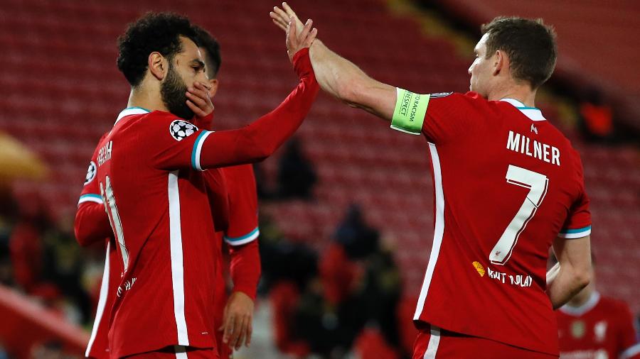 Salah comemora o gol da vitória do Liverpool contra o Midtjylland - PHIL NOBLE/AFP