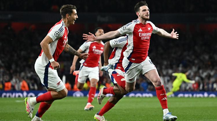 Declan Rice comemora gol marcado pelo Arsenal contra o Real Madrid na Champions Declan Rice comemora gol marcado pelo Arsenal contra o Real Madrid na Champions