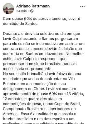 Assessor de Levir Culpi postou no Facebook que o treinador havia sido demitido do clube - Reprodução - Reprodução