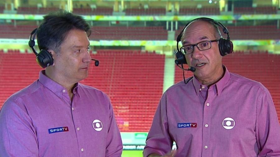 Luiz Carlos Jr. e Ledio Carmona em transmissão de jogo pelo canal fechado Sportv - Reprodução