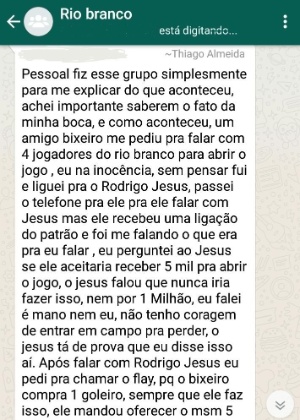 Mensagem de Thiaguinho, jogador do Rio Branco - Reprodução - Reprodução