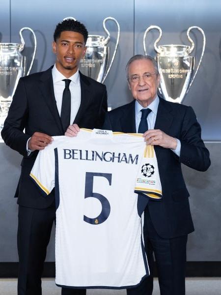 Jude Bellingham, novo jogador do Real Madrid, é apresentado por Florentino Pérez - Helios de la Rubia/Real Madrid via Getty Images