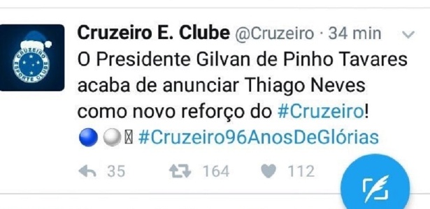 Cruzeiro anuncia Thiago Neves por meio do Twitter - Reprodução Twitter - Reprodução Twitter