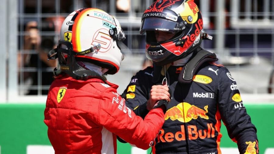 Sebastian Vettel e Max Verstappen se cumprimentam após a classificação do GP do Canadá - Mark Thompson/Getty Images