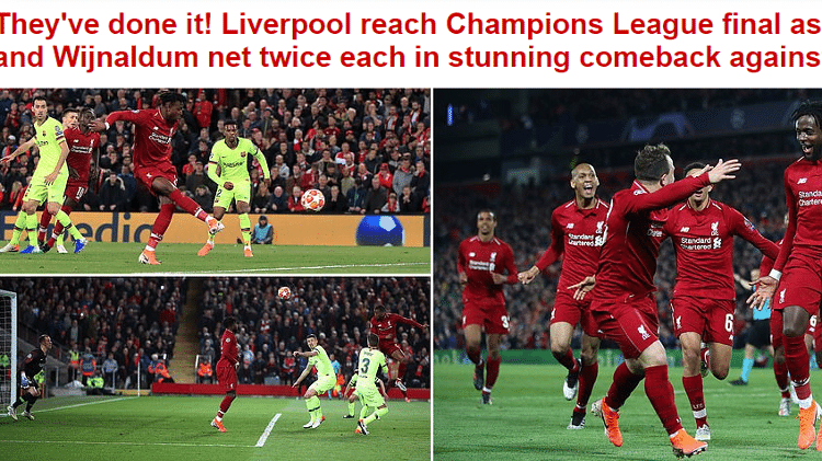 Jornal britânico "Daily Mail" destaca a classificação do Liverpool para final da Liga dos Campeões - Reprodução/Daily Mail - Reprodução/Daily Mail