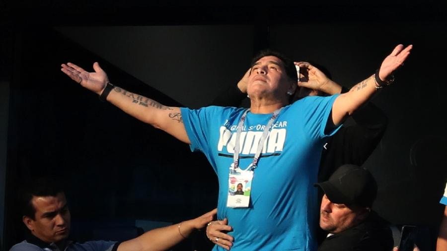 Diego Maradona em jogo entre Argentina e Nigéria na Copa do Mundo da Rússia em 2018  - picture alliance/picture alliance via Getty Image