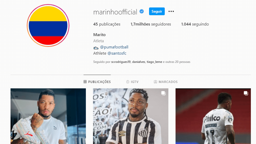 Marinho colocou bandeira da Colômbia na foto de perfil no Instagram e alterou seu nome para "Marito" - Reprodução/Instagram