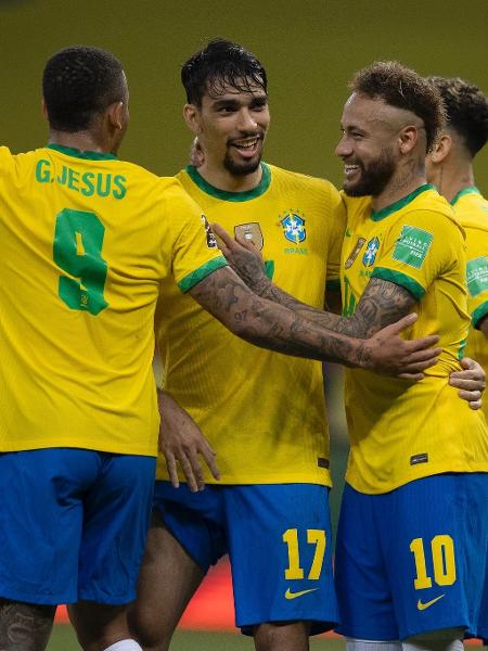 Jogadores da seleção brasileira comemoram gol contra o Equador - Lucas Figueiredo/CBF