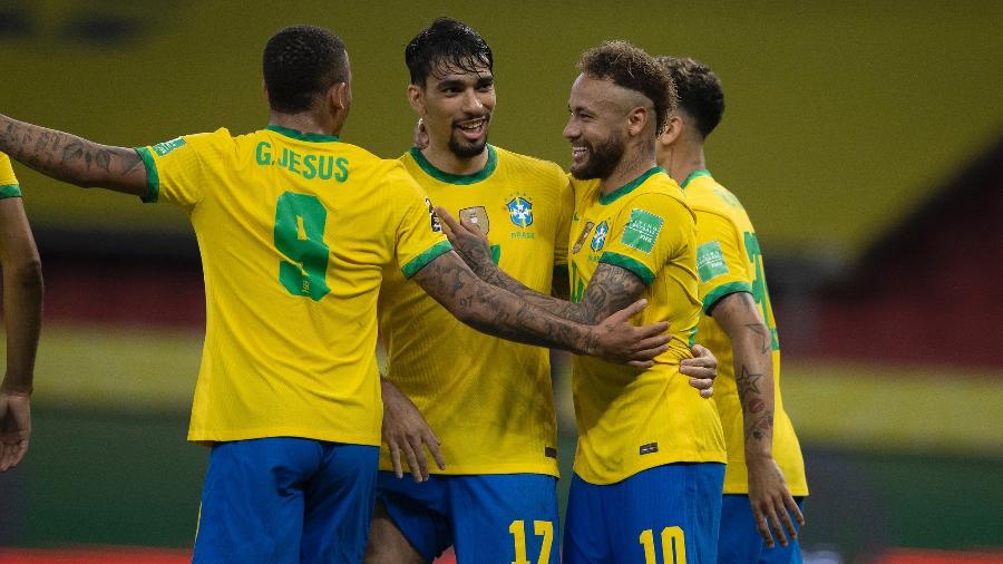 Jogadores da seleção brasileira comemoram gol contra o Equador, vitória por 2 a 0 ontem (4) - Lucas Figueiredo/CBF