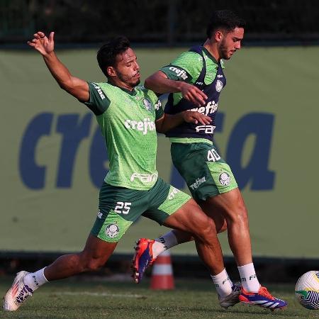 Gabriel Menino e Figueiredo, meia do sub-20, disputam a bola em treino na Academia de Futebol nesta terça-feira (24) - Cesar Greco/Palmeiras