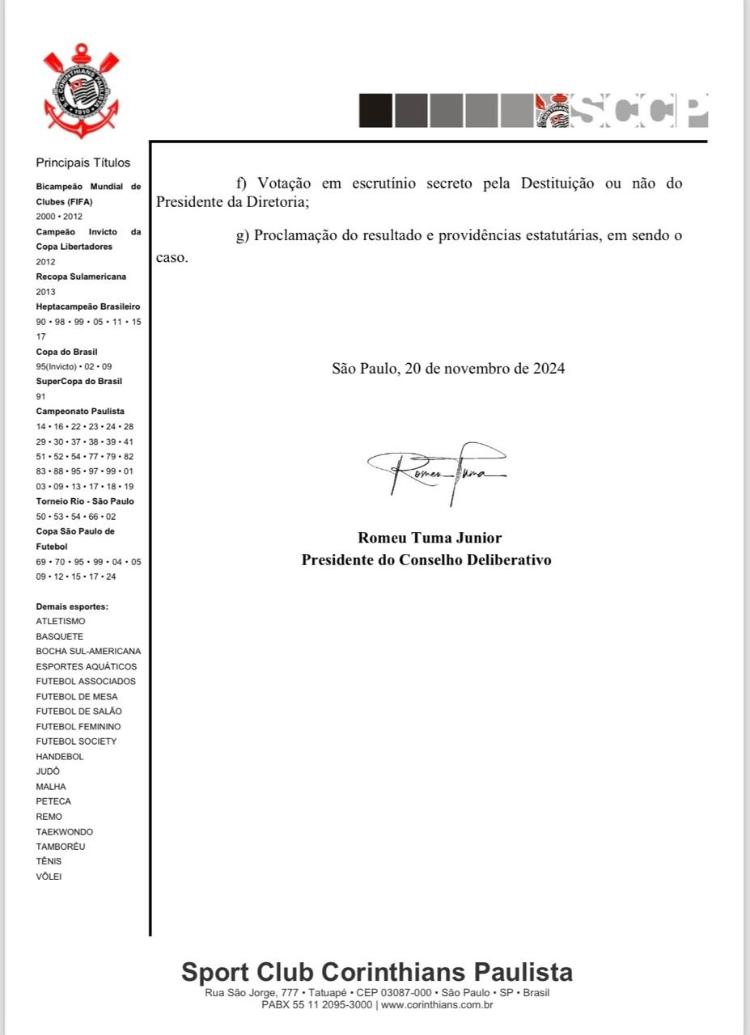 Convocação para reunião do Conselho que vai votar impeachment de Augusto Melo