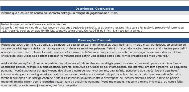 Súmula Internacional x Santos - Reprodução - Reprodução