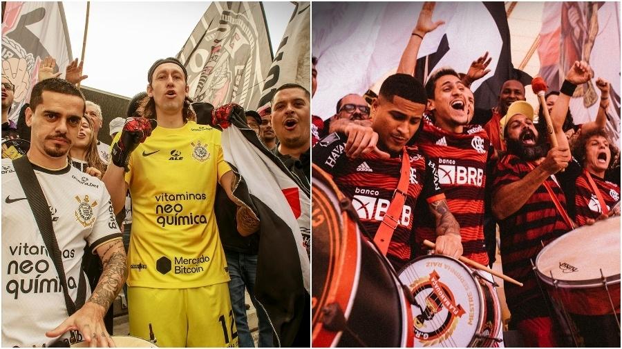 Fagner e Cássio com torcedores do Corinthians; João Gomes e Pedro com torcedores do Flamengo - Colagem de fotos de Conmebol