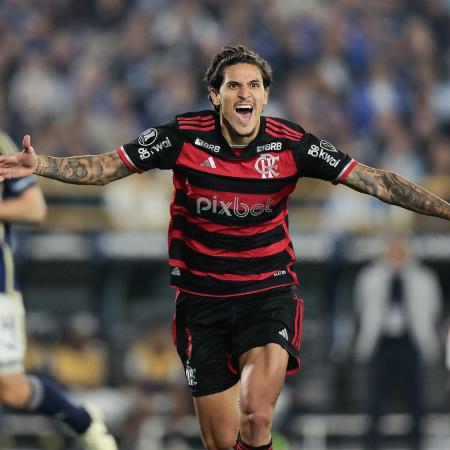 Pedro comemora gol marcado pelo Flamengo contra o Millonarios, pela Libertadores
