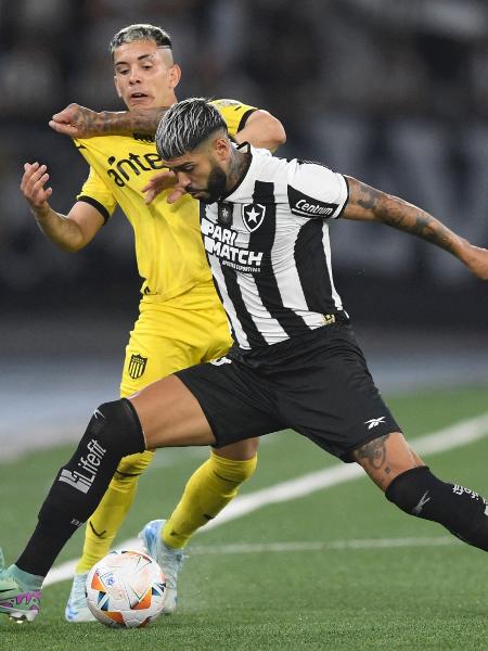 Milans e Barboza em ação durante jogo entre Botafogo e Peñarol pela Libertadores