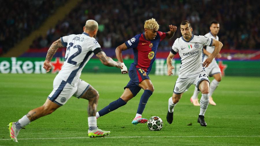 Lamine Yamal em ação durante Barcelona x Inter de Milão, semifinal da Champions League Lamine Yamal em ação durante Barcelona x Inter de Milão, semifinal da Champions League