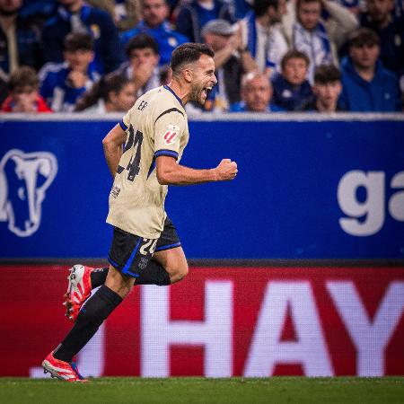 Eric García, do Barcelona, celebra gol contra o Real Ovieda por LaLiga Eric García, do Barcelona, celebra gol contra o Real Ovieda por LaLiga