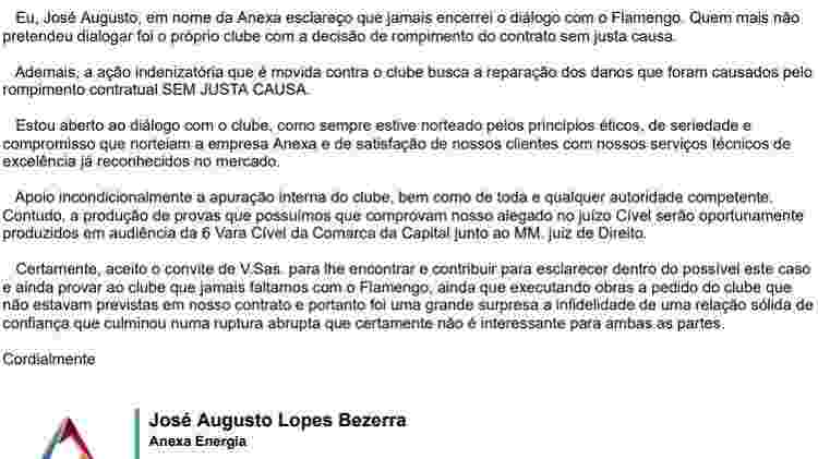 E-mail de resposta da Anexa ao Flamengo após pedido de colaboração em apuração sobre propina - Reprodução - Reprodução