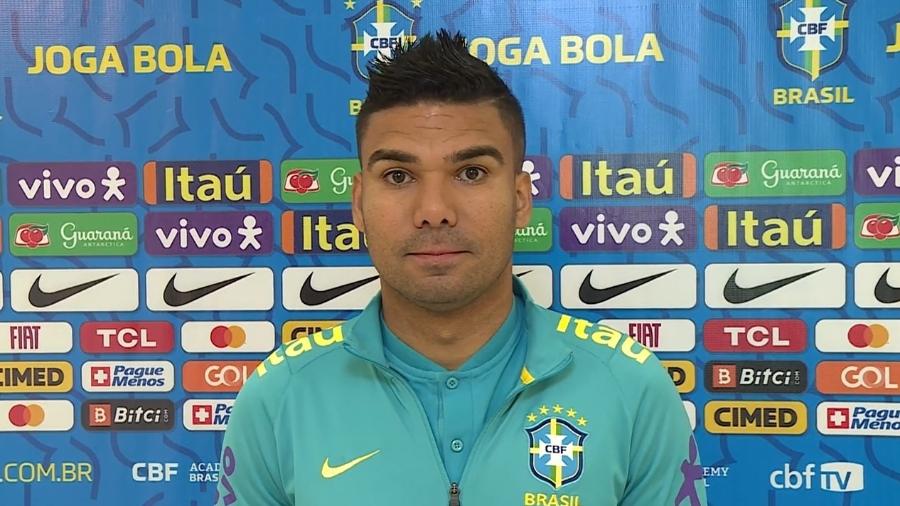 Casemiro durante zona mista virtual da seleção brasileira; ele tem cinco partidas nesta Copa América - Reprodução/CBF TV