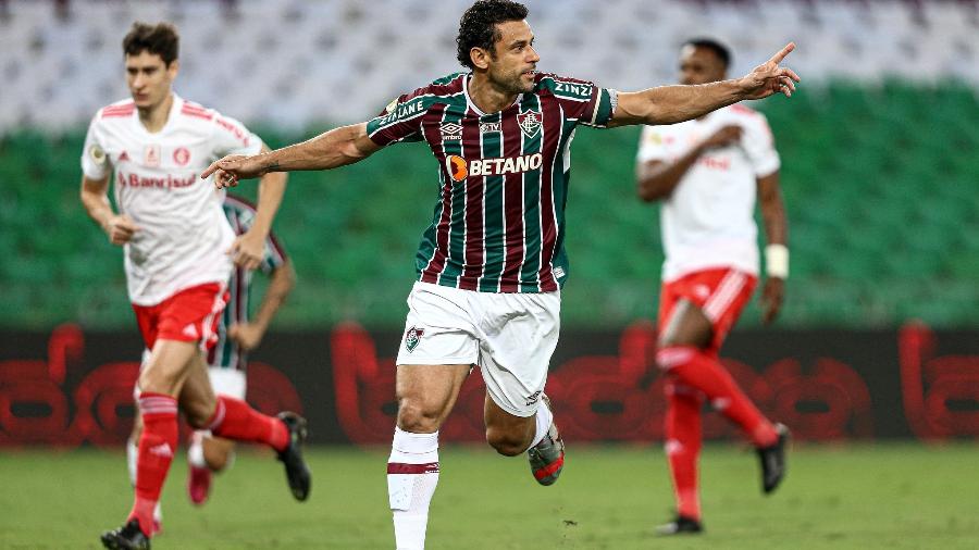 Fred, atacante do Fluminense, comemora gol marcado contra o Internacional - LUCAS MERÇON / FLUMINENSE F.C.