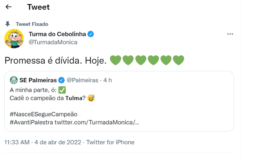 Perfil da Turma da Mônica cumpre promessa e muda para "Turma do Cebolinha" após título do Palmeiras - Reprodução/Twitter