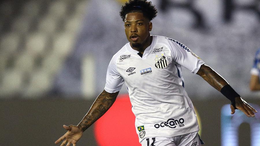 Marinho comemora gol marcado pelo Santos contra o Grêmio nas quartas de final da Libertadores 2020 - Alexandre Schneider/Getty Images)