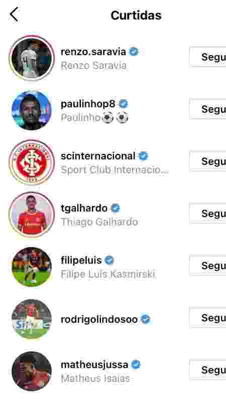 Filipe Luís entre as curtidas de postagem de Rodinei criticando arbitragem em Fla x Inter - Reprodução - Reprodução