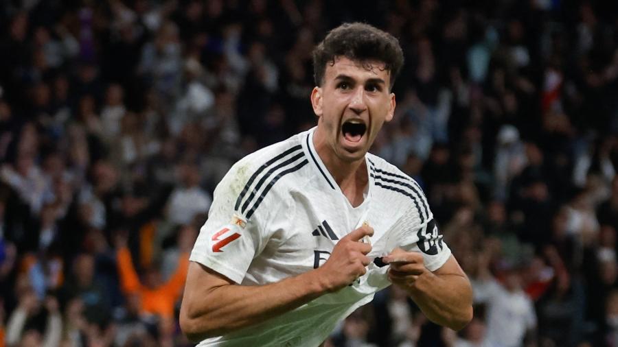 14.maio.2025 - Jacobo Ramón, do Real Madrid, celebra gol sobre o Mallorca em jogo do Campeonato Espanhol
