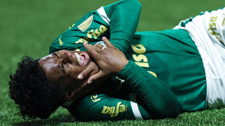 Endrick, do Palmeiras, reclamando de dor no jogo contra o San Lorenzo, pela Libertadores