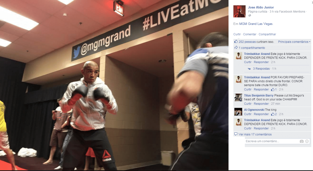 José Aldo chegou na terça-feira a Las Vegas e fez um treino para ajudar no corte de peso. Ele precisa bater 66 kg na sexta-feira, para disputar o cinturão com Conor McGregor - Reprodução/Facebook