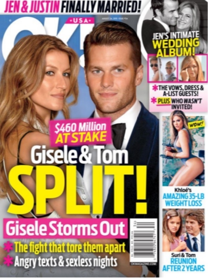Revista OK Magazine anuncia separação de Gisele Bündchen e Tom Brady